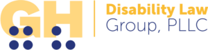Logo for GH Disability Law Group, PLLC. Large gold letters 'GH' appear on the left with dark blue circular dots arranged beneath each letter to suggest the Braille for each letter. A vertical gold line separates the initials from the firm name 'Disability Law Group, PLLC' written in gold and dark blue text on the right.